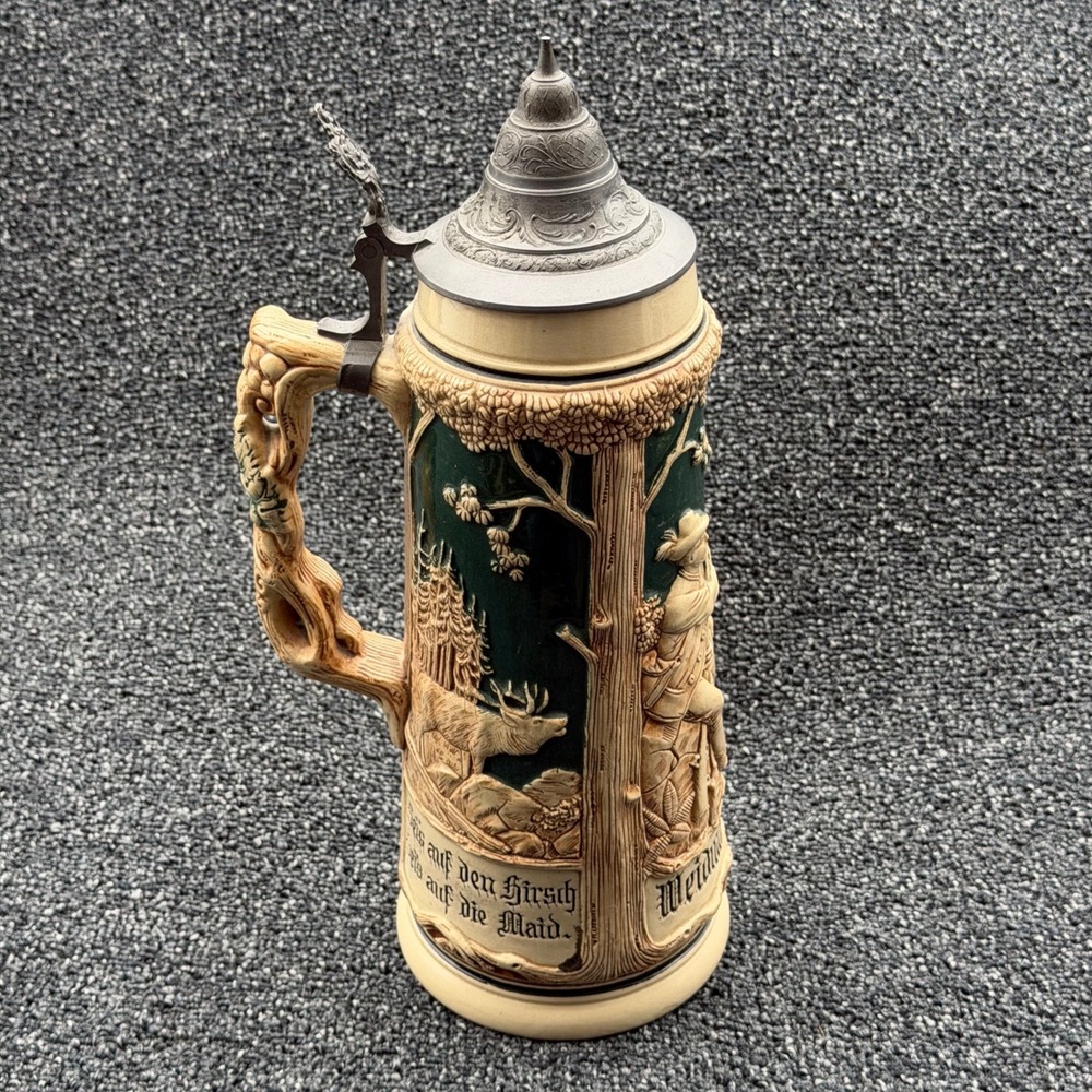 Vintage German Beer Stein Hunting Scene Weidmanns Heil Relief Pewter Lid Germany